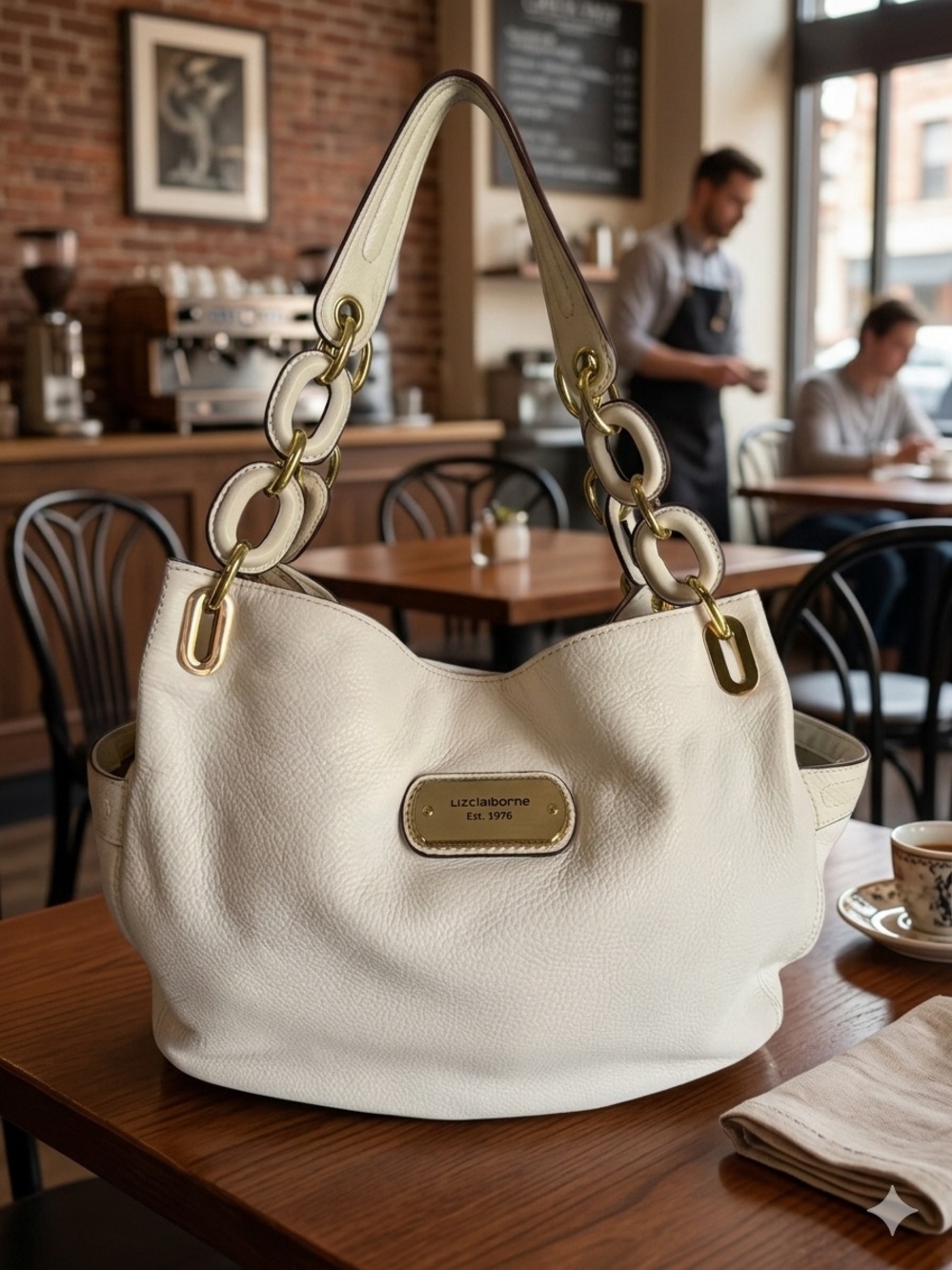 Liz Claiborne Cream Leather Shoulder Bag Gold Chain Chunky Link Hobo Tote